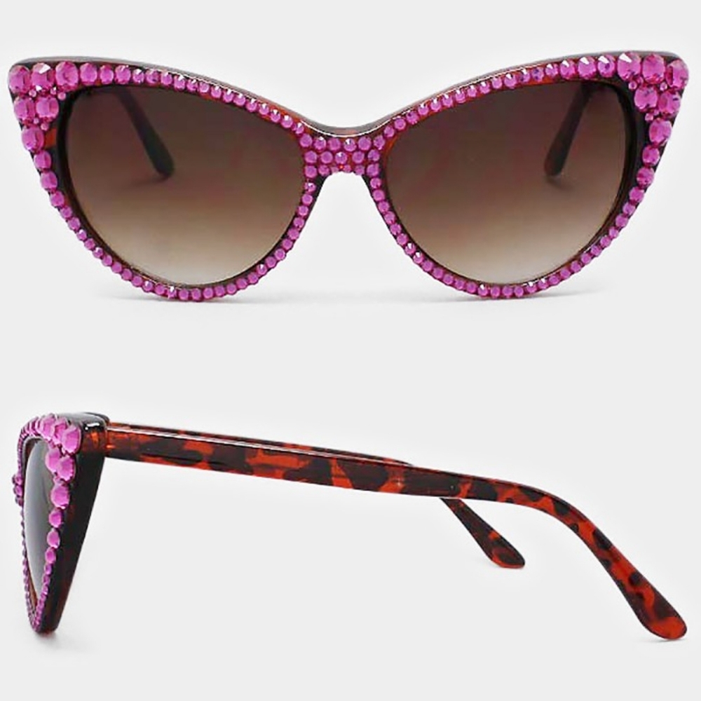 Pink Fuchsia Cat Eye Rhinestone Sun Glasses Shades Animal Bling Style